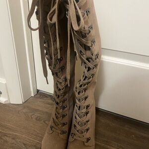 Stylish Tan Lace-Up Knee-High Boots